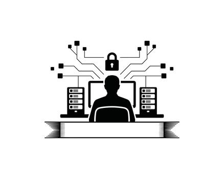 Silhouette person at computer with servers and lock icon vector