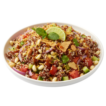 High Angle View of Indian Quinoa Bhel Salad Topped with Sev, Peanuts, Tomato, Cucumber, Red Onion, Chutney Drizzle, and a Lime Wedge isolated on a transparent background png