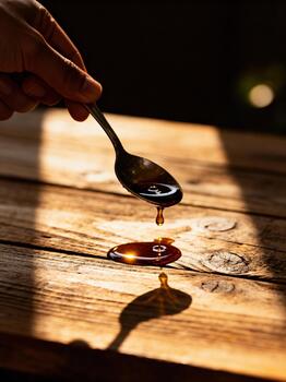 A hand carefully drips dark, viscous liquid, possibly soursop bitters, from a spoon onto a sunlit rustic wooden table, creating a shimmering puddle. photo