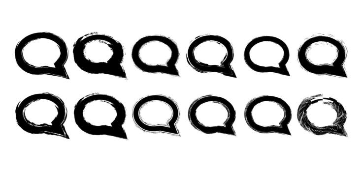 hand drawn brush stroke speech bubble icon set featuring rough black ink textures and artistic communication shapes vector