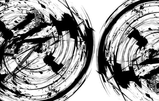 This image features a striking abstract circular grunge texture composed of heavy black ink brush strokes arranged in chaotic swirl patterns. vector
