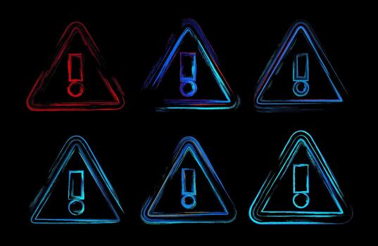 Set of neon warning icons, each designed as a glowing triangular sign with a bold exclamation mark. perfect for caution messages, cyber security warnings, system errors, or emergency notifications. vector
