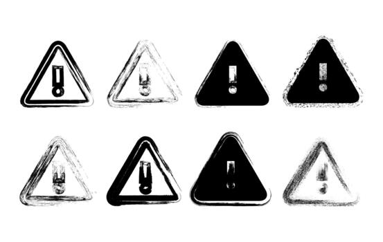 A versatile collection of grunge style warning triangle icons showcasing distressed textures and bold exclamation mark symbols. vector