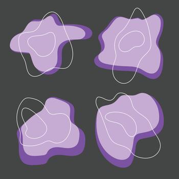 A set of purple abstract shapes with modern geometric white lines isolated on dark background. vector