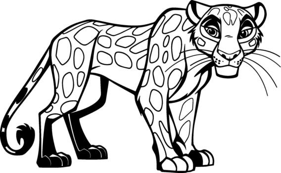 Coloring page featuring a cartoon panther in a playful stance with distinct spots and a friendly expression vector