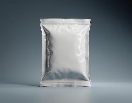 Blank white foil packaging bag mockup, isolated on a gradient background for product branding photo