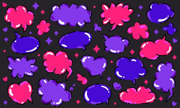 Trendy Y2K bubble shapes in pink and purple with glossy highlights on a dark background. Includes hearts and speech bubbles in a retro pop style. Perfect for stickers, fashion, and nostalgic designs vector