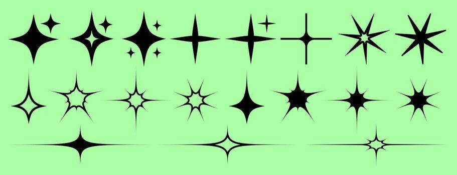 Y2K star sparkle bling shapes set. Sharp twinkle bursts and spiky rays in bold silhouettes on mint background. Retro 2000s geometric signs for posters, branding, web, merch, packaging, prints, ads. vector