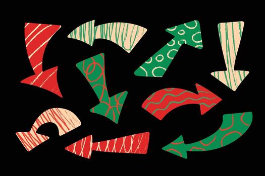 Set of retro arrows with patterns inside. A set of bright, hand-drawn retro doodle arrows with patterns. vector