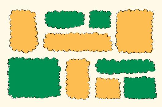 Set of retro-style frame stickers in yellow and green, abstract wavy frames for scrapbooking, labels, journals, and printable planner pages. vector