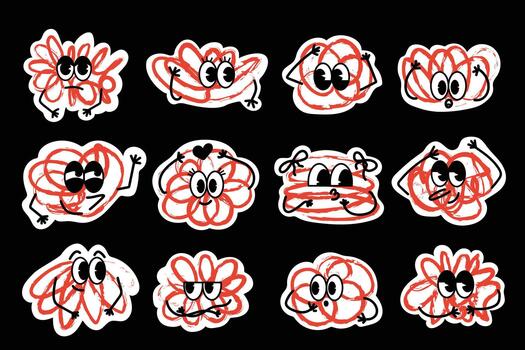 Set of abstract doodles with different emotions and big eyes, arms, and legs. Hand-drawn in a trendy style. A collection of character stickers. Faces with different emotions. vector