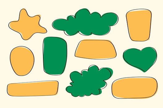 conjunto de resumen garabatos, orgánico formas, resumen fluido formas, y ondulado lugares en amarillo y verde para diseño, pegatinas, y moderno marca. vector