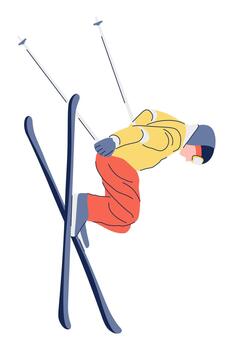 Man Skier with Ski and Poles in Jump Pose. vector