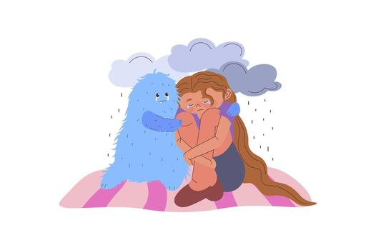 Mindset wellbeing concept with cartoon people for web design. Sad girl with depression cuddling with inner monster mascot in negative emotion, suffering from mental problems. illustration. vector