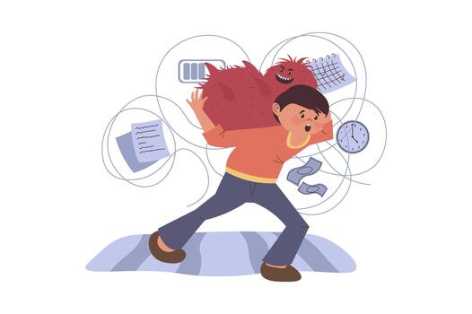 Mindset wellbeing concept with cartoon people for web design. Man with chaotic thoughts suffering from inner monster mascot, getting stress and anxiety from deadlines and tasks. illustration. vector