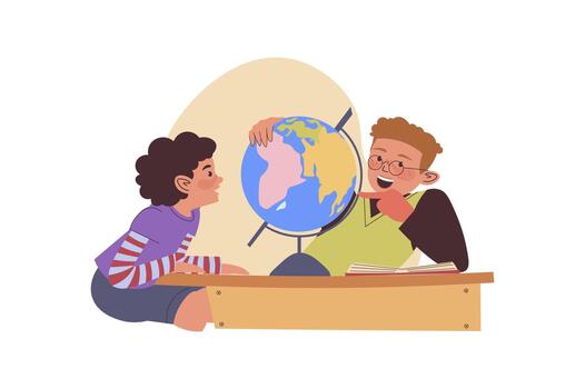 Children learning concept with cartoon people for web design. Classmates studying geography with globe, looking at continents at map, exploring landmarks and culture diversity. illustration. vector