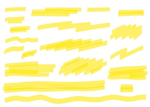 Set of straight yellow marker strokes. Hand-drawn highlighter lines, brush stripes and underlines. markers for text emphasis, notes, design elements and layout. vector