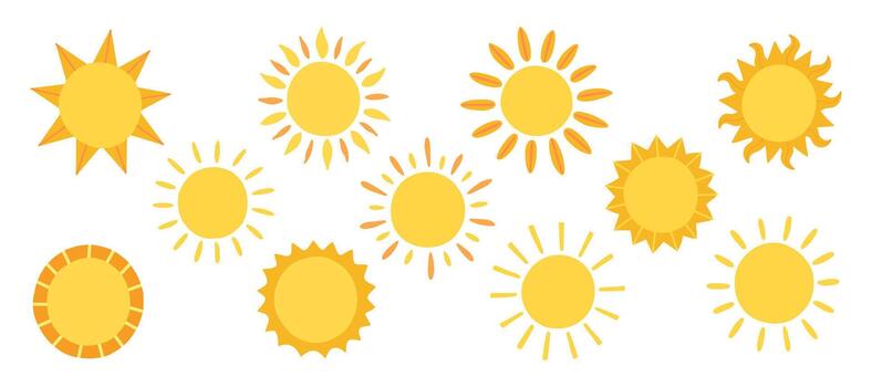 Sun Illustration Set With Multiple Hand Drawn Yellow Suns And Different Ray Styles. Summer, Warmth And Seasonal Design Themes vector