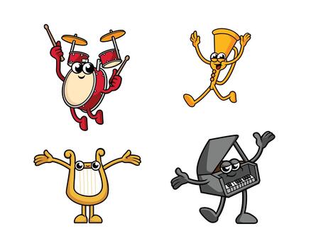 Happy animated musical instruments characters vector