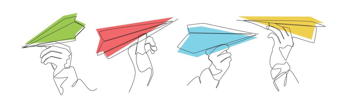 Set of hands holding paper planes in continuous one line drawing style. Editable illustration. vector