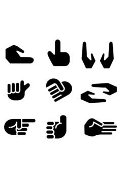 Set of nine solid black hand gesture icons. Collection of hands showing various actions. User interface communication symbols pack. vector