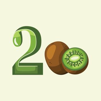 A modern flat-style illustration of the number two combined with fresh kiwi fruit elements. vector
