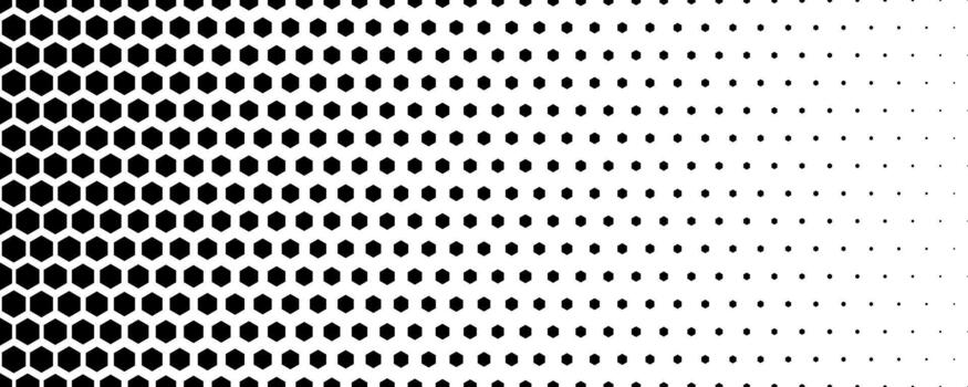 Fading hexagon gradient texture. Vanishing honeycomb pattern background. Geometric hexagonal halftone tech overlay backdrop. Black grunge halfton wallpaper. Retro dot texure wallpaper vector