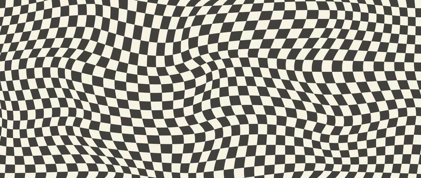 Monochrome trippy checkerboard background. Retro psychedelic checkered wallpaper. Wavy groovy chessboard surface. Distorted liquid geometric grid chess pattern. Abstract old race flag backdrop. vector