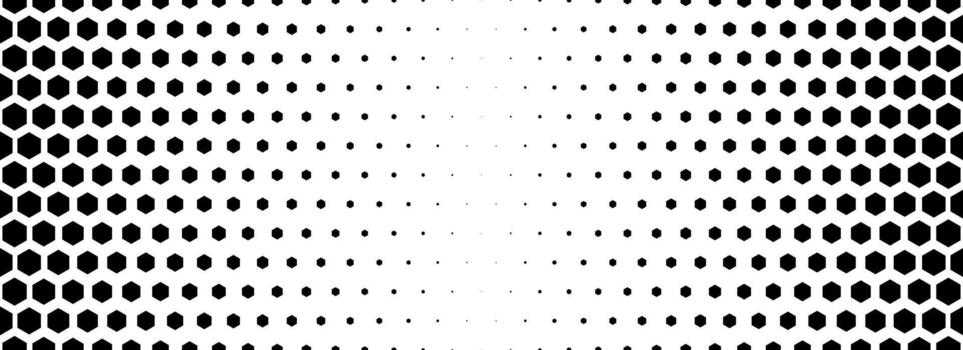 Black hexagon gradient texture. Vanishing honeycomb pattern background. Geometric hexagonal halftone tech overlay backdrop. Fading grunge halfton wallpaper. Retro dot texure wallpaper vector