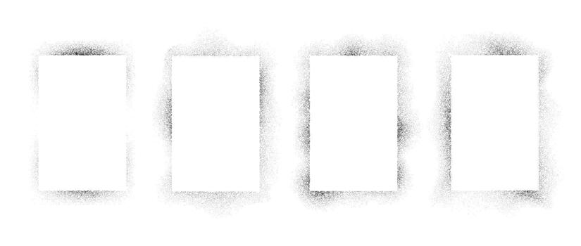 Sprayed noise rectangle frame collection. Black dot grain border set. Black stipple gradient boarder bundle for text box, banner, poster, decoration. Rough spray stencil graffiti effect frames vector