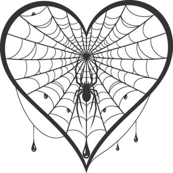 Heart shaped spider web with a dark spider and dew drops vector