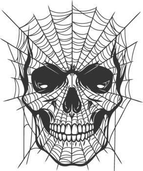 amenazador cráneo cara enredado en un araña web diseño vector