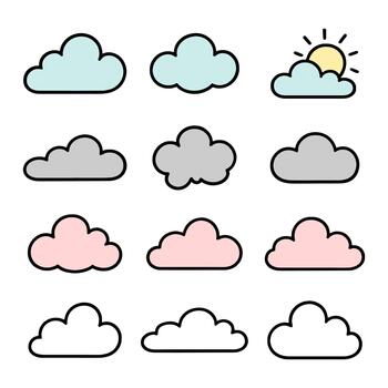 Cute Set of Twelve Cartoon Clouds in Different Colors and Weather Icon Style vector
