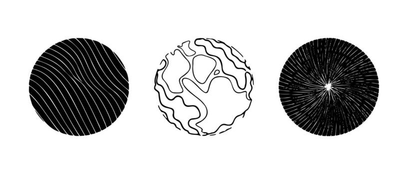 Abstract Black Circles with Wavy Lines Texture Pattern Set vector
