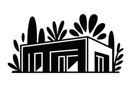 minimalista negro y blanco icono de un moderno casa rodeado por resumen plantas arquitectura edificio vector