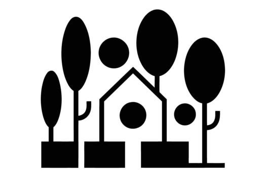 Black Silhouette of a House with Trees and Circles on White Background home building vector
