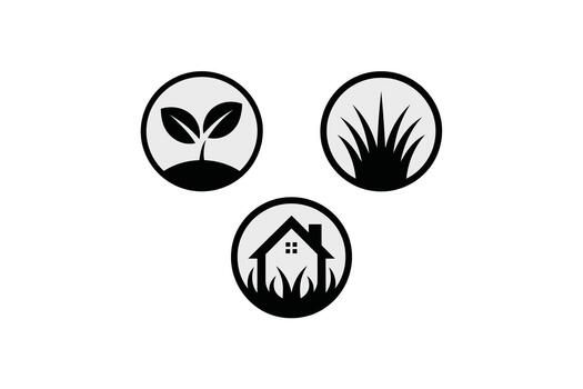 Three Circular Icons Showing Plant Growth, Grass, and House with Grass on White Background nature environment vector