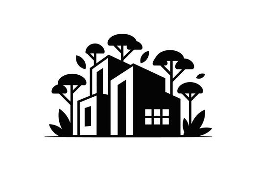 Black silhouette of abstract buildings surrounded by trees and plants on white background architecture vector