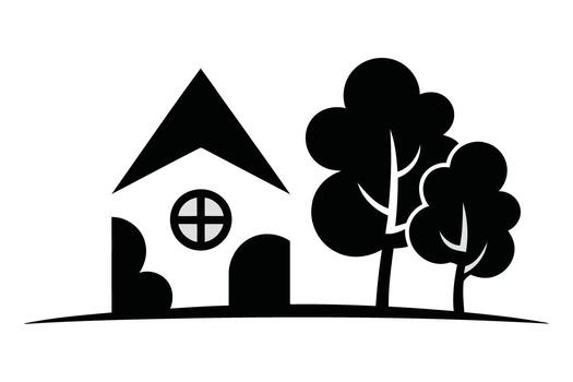 Black and white silhouette of a simple house with two trees on a white background home building vector