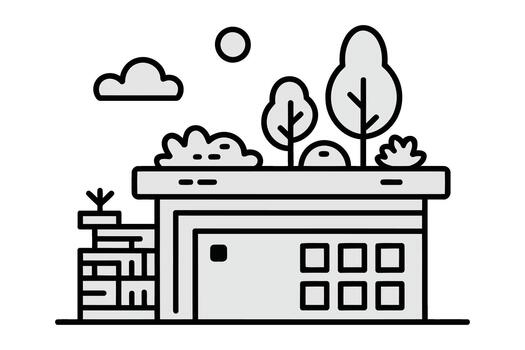 Flat design illustration of a modern building with trees and a cloudy sky architecture urban vector