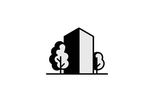 Abstract Geometric Building with Two Trees on White Background architecture vector