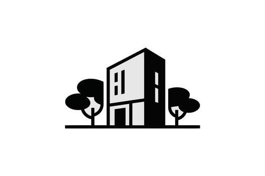 moderno alto edificio icono con arboles en blanco antecedentes casa arquitectura vector