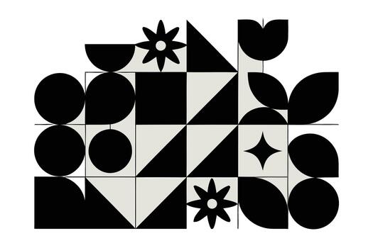 Geometric Abstract Pattern with Black and Light Gray Shapes and Flowers illustration vector