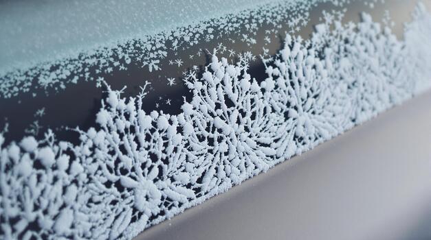 Intricate Ice Crystal Patterns on Window Surface Close up Macro Frost Texture Background Glacial photo