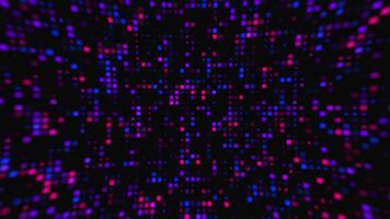resumen oscuro antecedentes presentando un vibrante cuadrícula de brillante neón cuadrado píxeles, creando un futurista digital mosaico efecto con cautivador movimiento difuminar y profundidad video