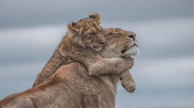 Lion Mother and Cub Hugging in a Tender Moment photo