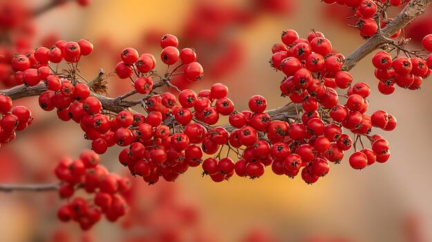 Bright Red Berries Clustered on a Twig with Soft Bokeh Background. photo