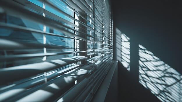 Light and Shadow Play Through Window Blinds Creating Abstract Patterns. photo