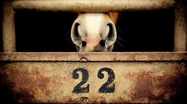 Close up of a horse's nose in a rustic stable with number twenty two photo