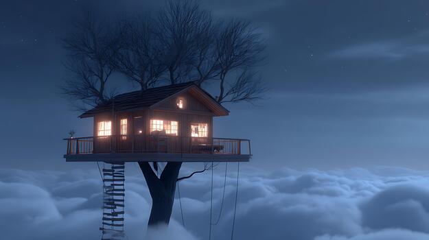 Enchanted Treehouse Cabin Floating Among Clouds at Night photo